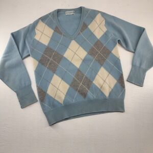 The Scotch House S/M | Blue Argyle 100% Cashmere V-Neck Sweater Women